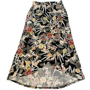 Massini Women's Maxi Skirt Medium Black Colorful Floral Wrap Front Stretch